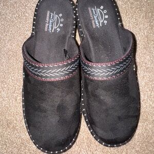 BOBS from Skechers Black Mules with Red Accents